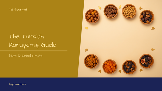 Turkish kuruyemiş graphic with roasted hazelnuts, pistachios, leblebi, dried apricots, and figs arranged in bowls with the title "Turkish Nuts & Dried Fruits Guide"