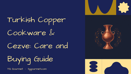 Graphic cover with a hammered Turkish copper cezve and copper pans, illustrating a care, seasoning, and buying guide for Turkish copper cookware
