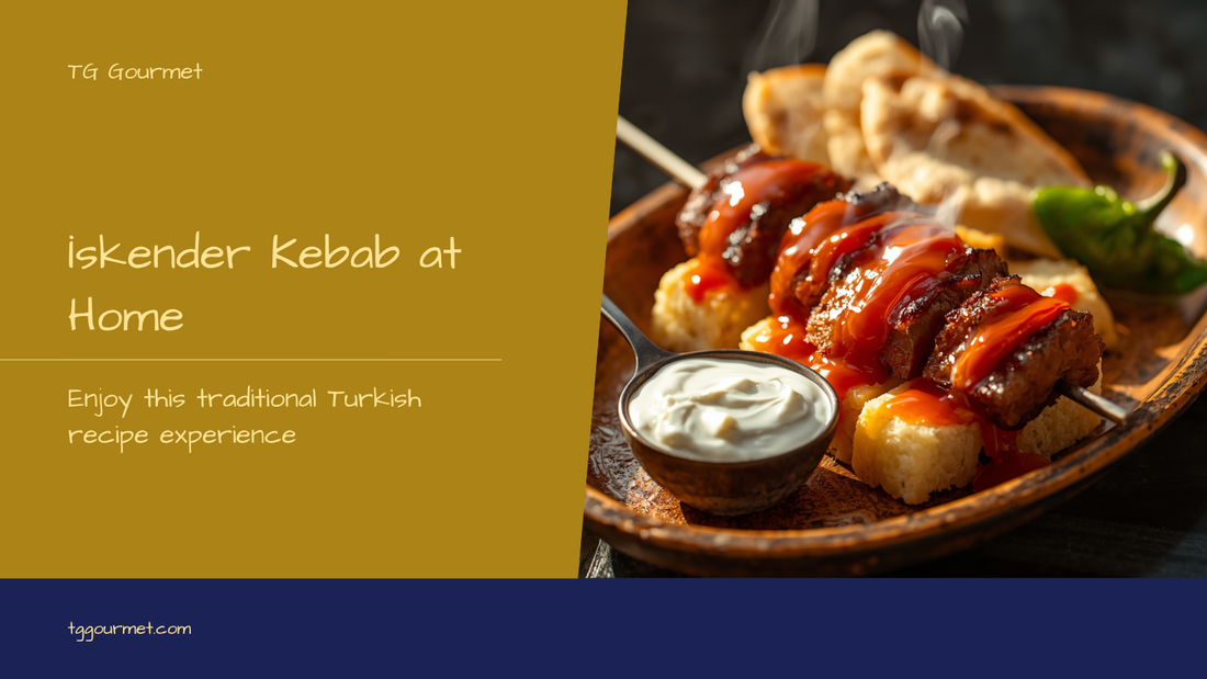 İskender kebab on a platter: sliced döner meat over pide bread with tomato sauce, melted butter, and thick strained yogurt
