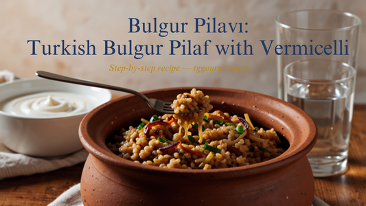 Turkish bulgur pilavı with toasted vermicelli fluffed with a fork in a pot, served with a bowl of yogurt and a glass of ayran