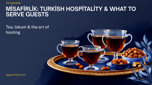 Turkish tea service set for guests: tulip-shaped tea glasses of dark amber çay, a crystal bowl of lokum, and mixed roasted nuts on a serving tray.