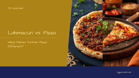 Crisp lahmacun (Turkish pizza) topped with spiced minced meat, rolled with fresh parsley and lemon wedges, next to a slice of cheese pizza for comparison