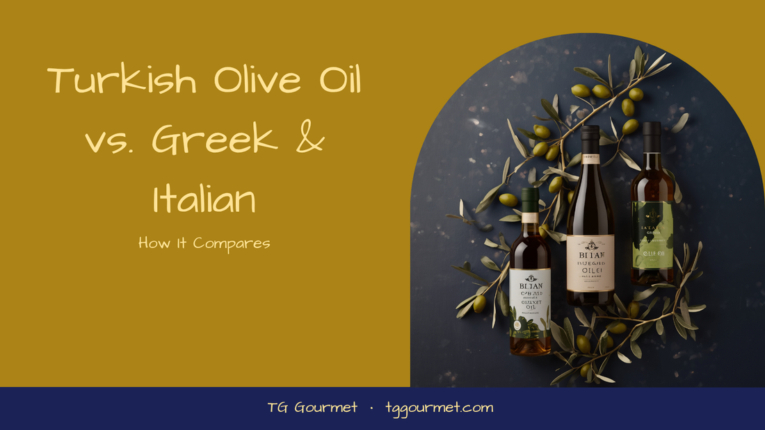 Graphic comparing Turkish, Greek, and Italian olive oils with olive branches and oil bottles representing the Aegean and Mediterranean regions