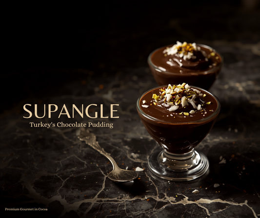 Glasses of thick Turkish supangle chocolate pudding topped with coconut and crushed pistachio