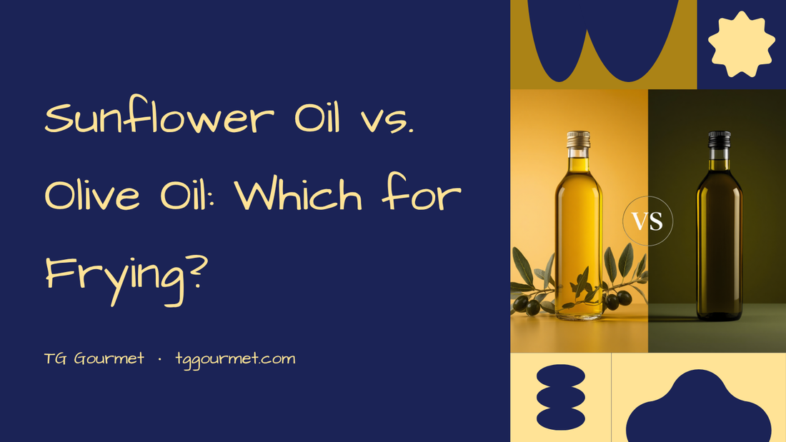 Graphic comparing Turkish sunflower oil and olive oil for frying, with a bottle of each side by side