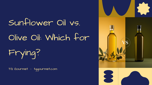 Graphic comparing Turkish sunflower oil and olive oil for frying, with a bottle of each side by side