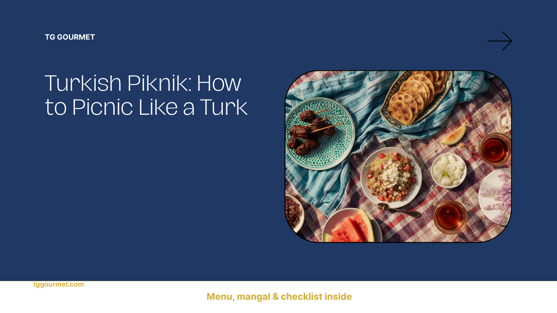 Turkish picnic spread on a blanket with mangal-grilled köfte, kısır, sarma, watermelon with white cheese, tea glasses, and bottles of ayran and gazoz