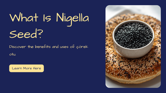 Black nigella seeds (çörek otu) in a small bowl and sprinkled over a Turkish simit bread ring