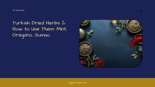 Graphic guide to Turkish dried herbs showing dried mint (kuru nane), Turkish oregano (kekik), sumac, dried dill, and bay leaves (defne) labeled with their Turkish names