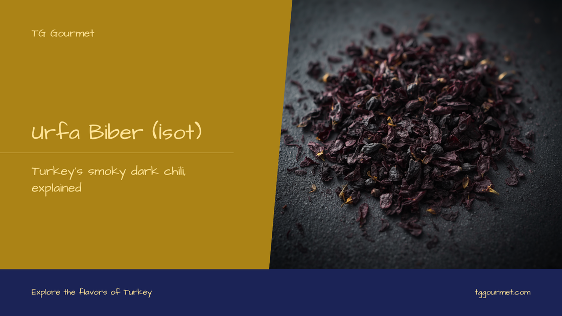 Urfa biber (isot) — dark purple-black smoky Turkish chili flakes, explainer cover graphic