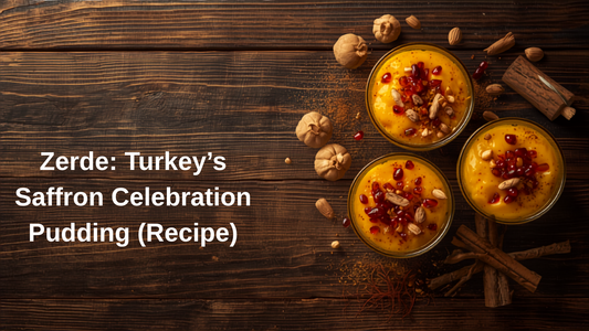Golden Turkish zerde saffron rice pudding in glass bowls garnished with pomegranate seeds, pine nuts, and currants