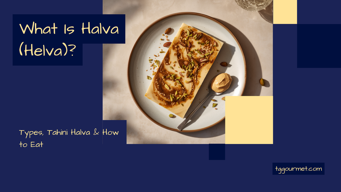 Sliced sesame tahini halva and a bowl of semolina helva on a wooden board