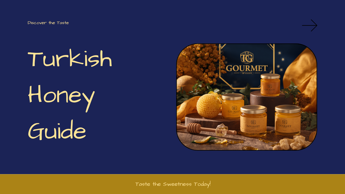 Jars of golden Turkish honey with a wooden honey dipper and fresh honeycomb
