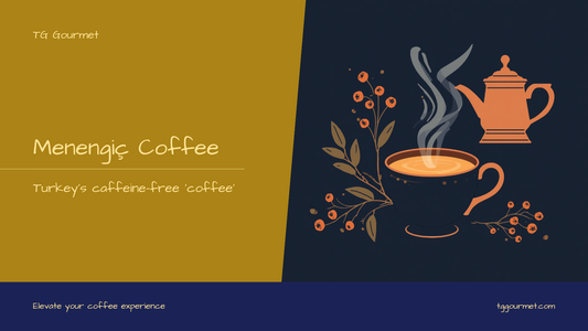 Cup of foamy menengiç terebinth coffee in a small Turkish cup with roasted wild pistachio berries and a copper cezve