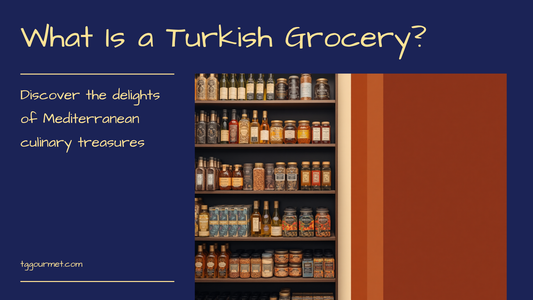 Shelves of a Turkish gourmet grocery store stocked with olive oil, spices and sweets