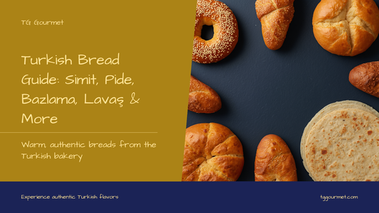 Illustrated guide graphic showing eight Turkish breads: simit, pide, bazlama, lavaş, ekmek, yufka, açma, and poğaça, labeled by name — TG Gourmet Turkish bread guide.