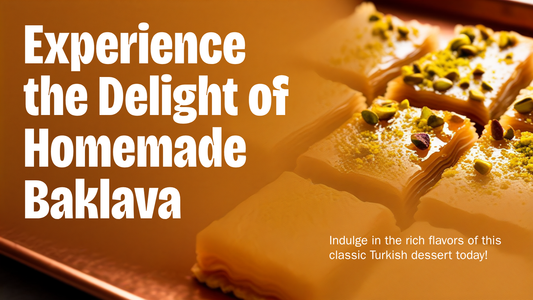 Golden diamond-cut Turkish baklava topped with crushed pistachios and glistening syrup on a tray