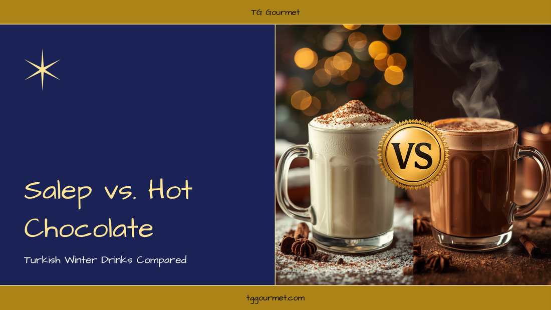 Graphic comparing a cinnamon-dusted cup of Turkish salep and a mug of hot chocolate side by side