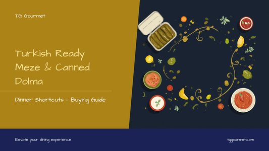 Graphic blog cover reading "Turkish Ready Meze & Canned Dolma" in TG Gourmet brand colors with simple illustrations of a dolma can, stuffed grape leaves, and meze bowls.