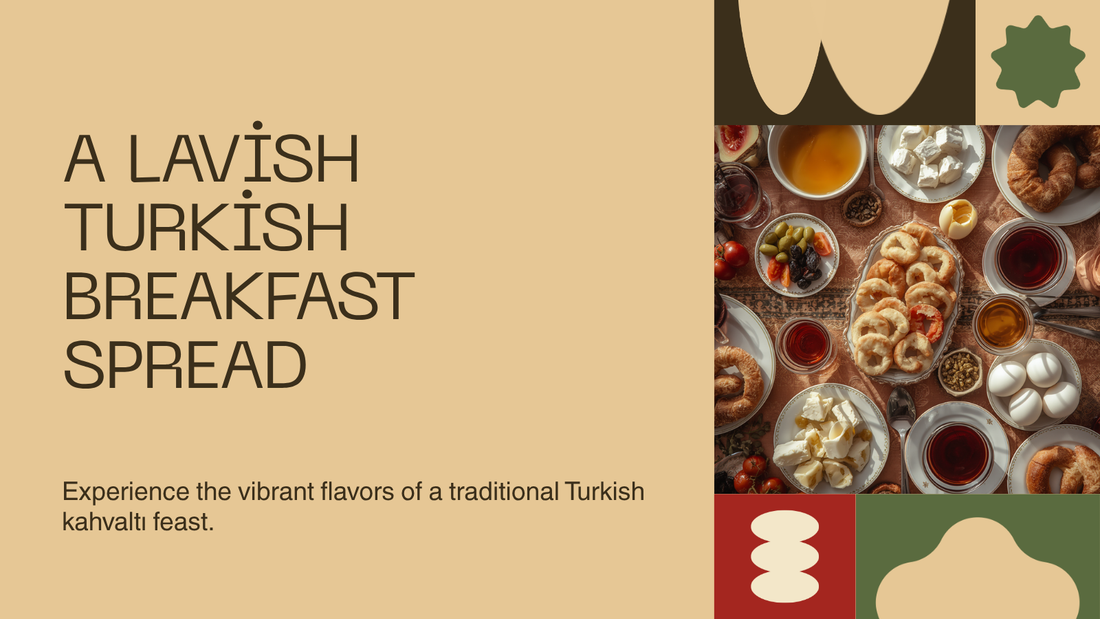A full Turkish breakfast spread with white cheese, green and black olives, tomatoes, cucumbers, honey with kaymak, jams, simit, and tulip glasses of black tea