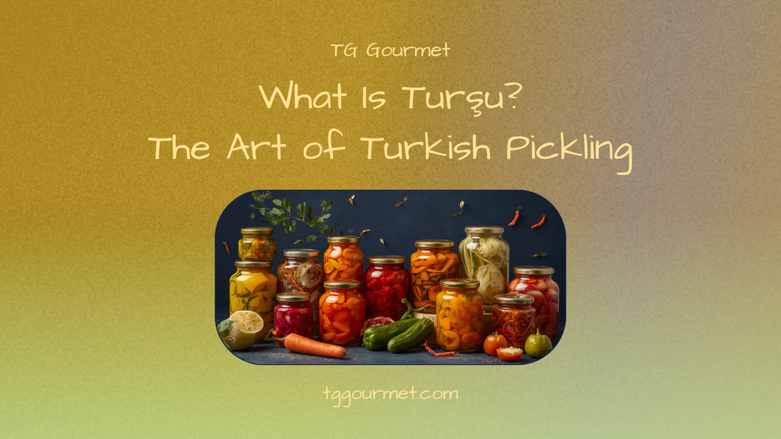Colorful jars of Turkish turşu pickled peppers, cucumbers, cabbage and carrots