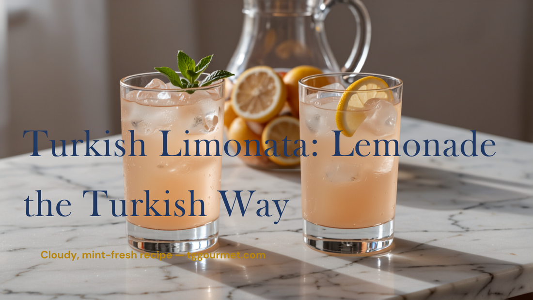 Two glasses of cloudy Turkish limonata with ice, lemon slices, and fresh mint on a marble counter, with a pitcher in the background