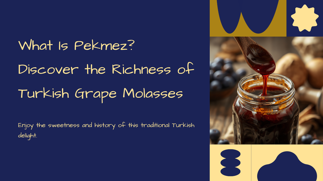 A glass jar of dark Turkish grape pekmez (grape molasses) with a wooden spoon drizzling the glossy syrup, TG Gourmet cover.