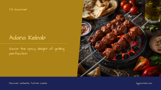 Spicy Adana kebabs on wide flat skewers over a charcoal grill with lavash, sumac onions, and ayran
