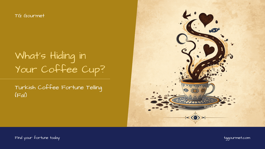 Turkish coffee fortune telling (fal) — overturned Turkish coffee cup on a saucer with coffee-ground symbol patterns, TG Gourmet culture guide cover