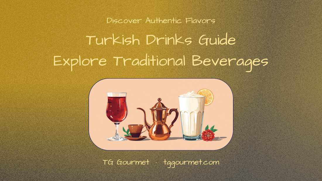 Turkish Drinks Guide cover showing Turkish tea in a tulip glass, a copper coffee cezve with cup, and a glass of ayran — TG Gourmet