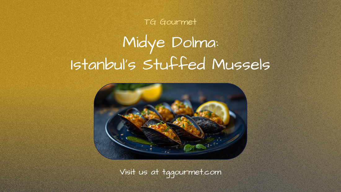 Graphic cover for TG Gourmet blog: midye dolma, Istanbul's stuffed mussels — open mussel shell with spiced rice filling and a lemon wedge, article title text.