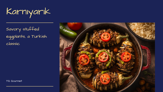 Karnıyarık — Turkish stuffed eggplants filled with ground beef, topped with tomato and green pepper, baked in tomato sauce
