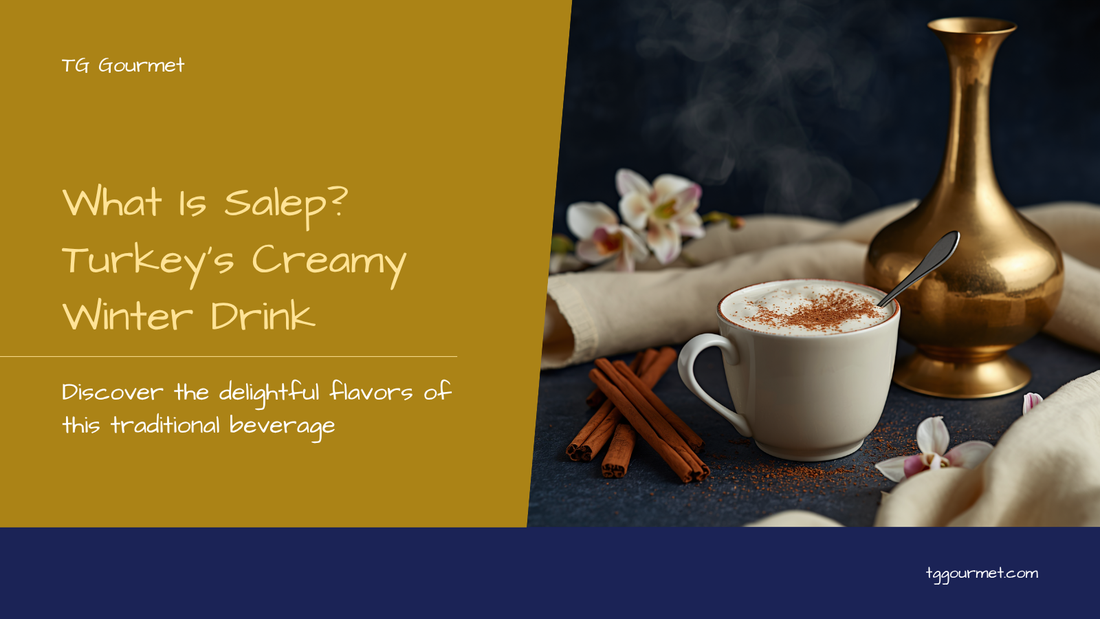 Steaming cup of Turkish salep topped with cinnamon, with a traditional brass salep urn in the background — What Is Salep explainer graphic