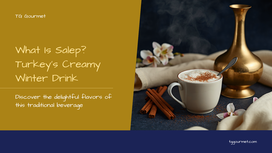 Steaming cup of Turkish salep topped with cinnamon, with a traditional brass salep urn in the background — What Is Salep explainer graphic