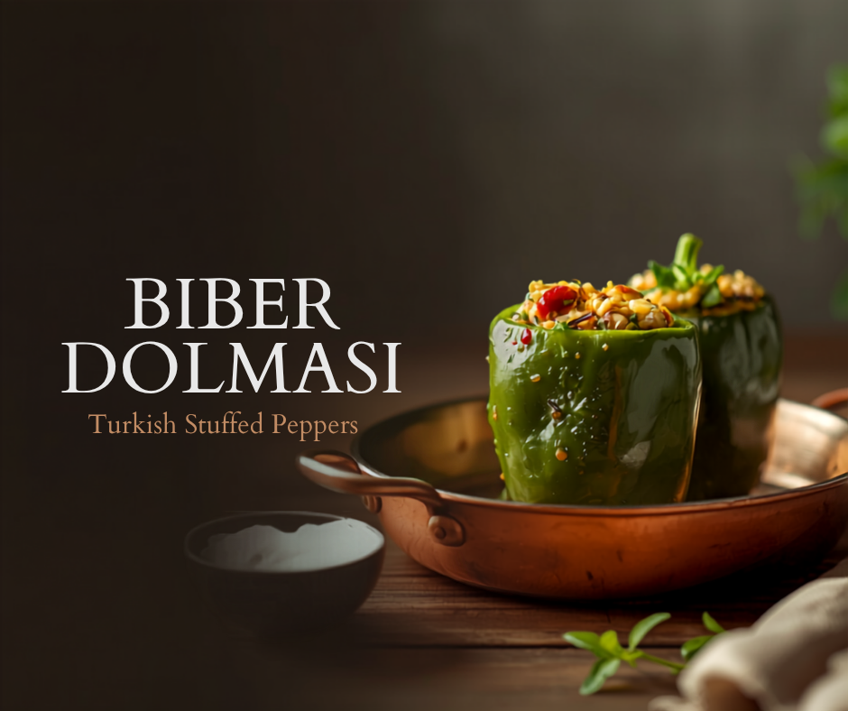 Turkish biber dolmasi stuffed green peppers in a copper pan with a bowl of yogurt