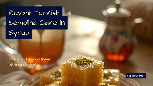 Diamond-cut pieces of golden Turkish revani semolina cake soaked in lemon syrup, topped with shredded coconut and crushed pistachios