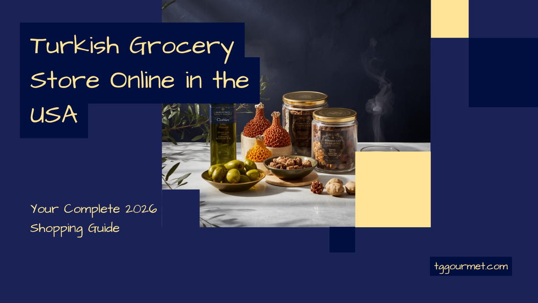 Assortment of Turkish grocery products including olives, cheese, Turkish delight, tea, and olive oil arranged for online shopping in the USA