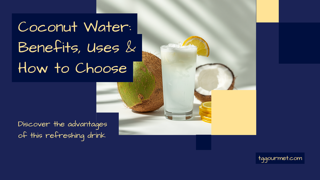 A glass of fresh coconut water with a young green coconut on a light background