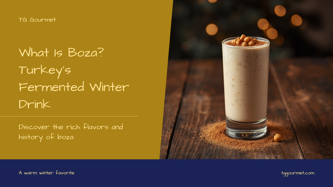 A tall glass of thick, creamy Turkish boza topped with ground cinnamon and roasted chickpeas on a rustic wooden table