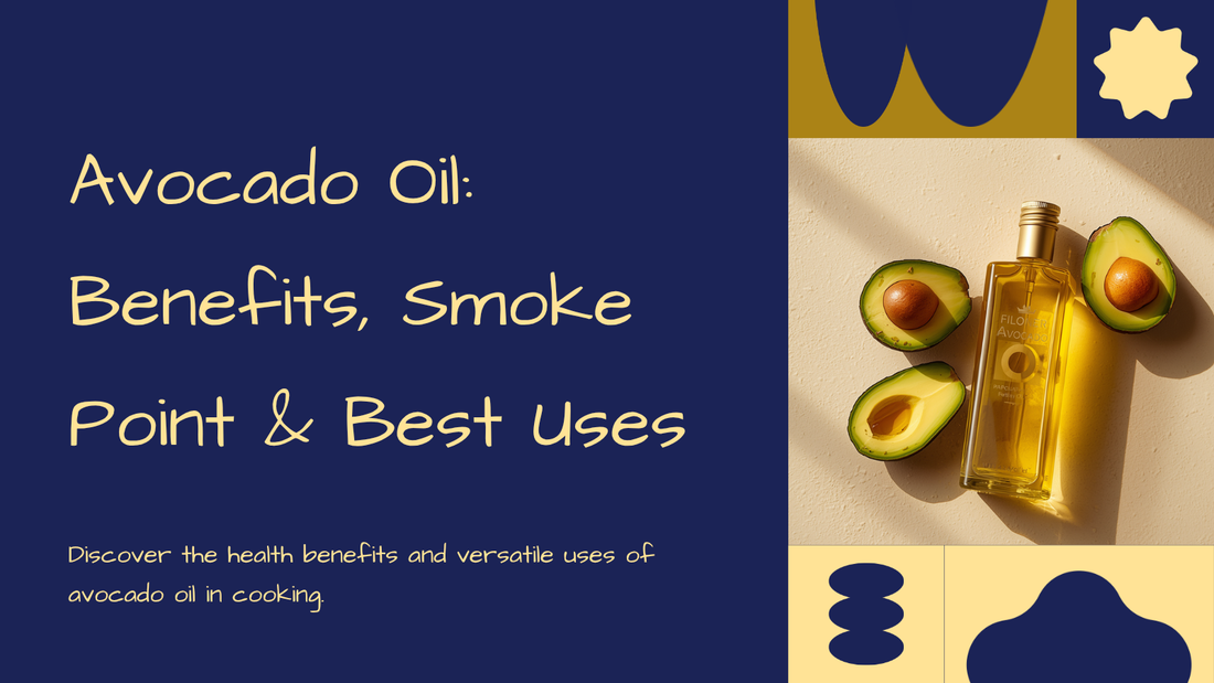 Bottle of avocado oil beside a halved fresh avocado on a kitchen counter
