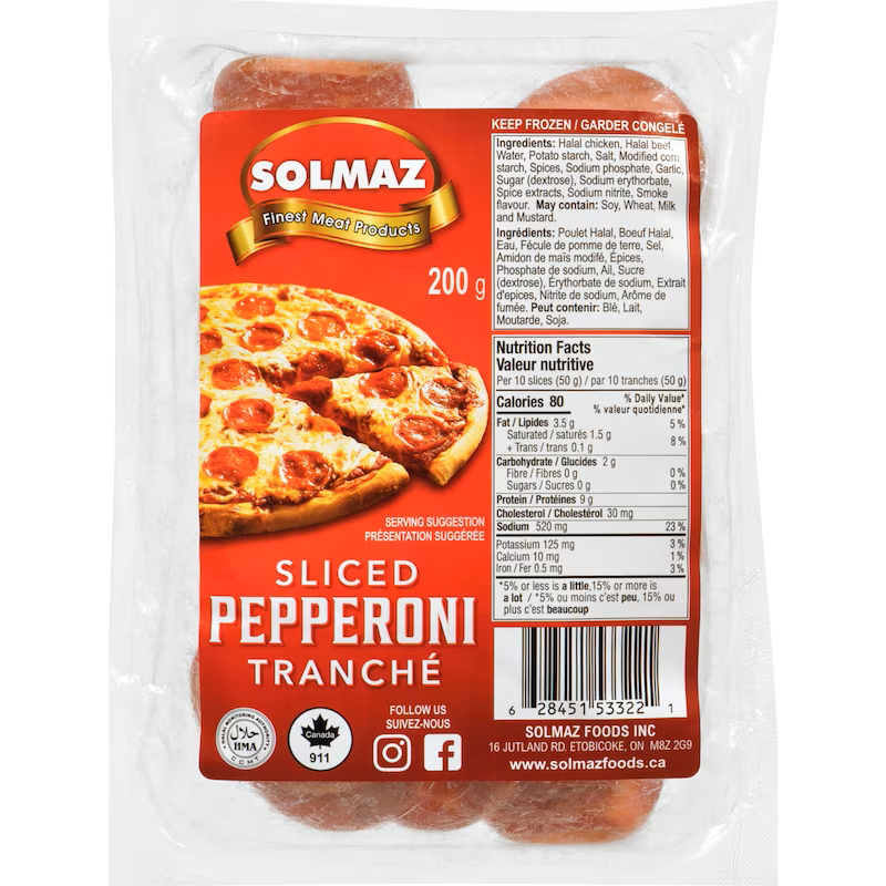 Solmaz Sliced Pepperoni, Halal 8 oz (227g) - Pizza Night Slices | TG Gourmet