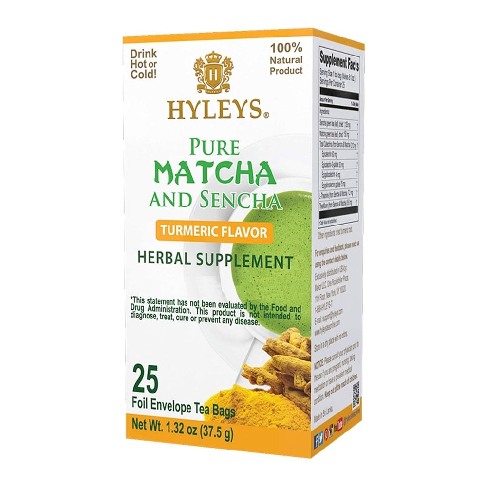 Hyleys Wellness Tea Matcha & Turmeric, 25 Foil-Wrapped Tea Bags 1.32 oz Box | TG Gourmet
