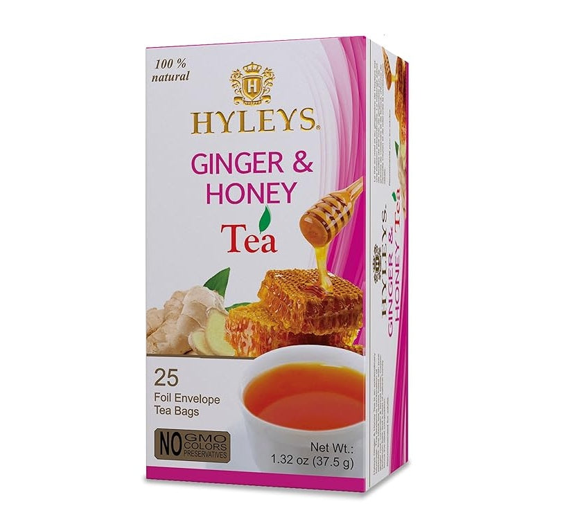 Hyleys Ginger & Honey Herbal Tea, 25 Foil-Wrapped Tea Bags 1.32 oz Box | TG Gourmet