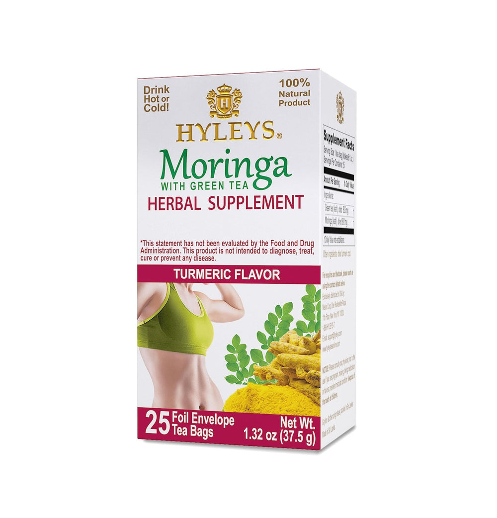 Hyleys Wellness Tea Moringa & Turmeric, 25 Foil-Wrapped Tea Bags 1.32 oz Box | TG Gourmet