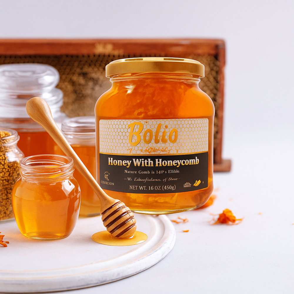 BOLIO HONEYCOMB IN HONEY in GLASS JAR 454 GR (16 OZ) - Authentic Turkish & Mediterranean Food | TG Gourmet