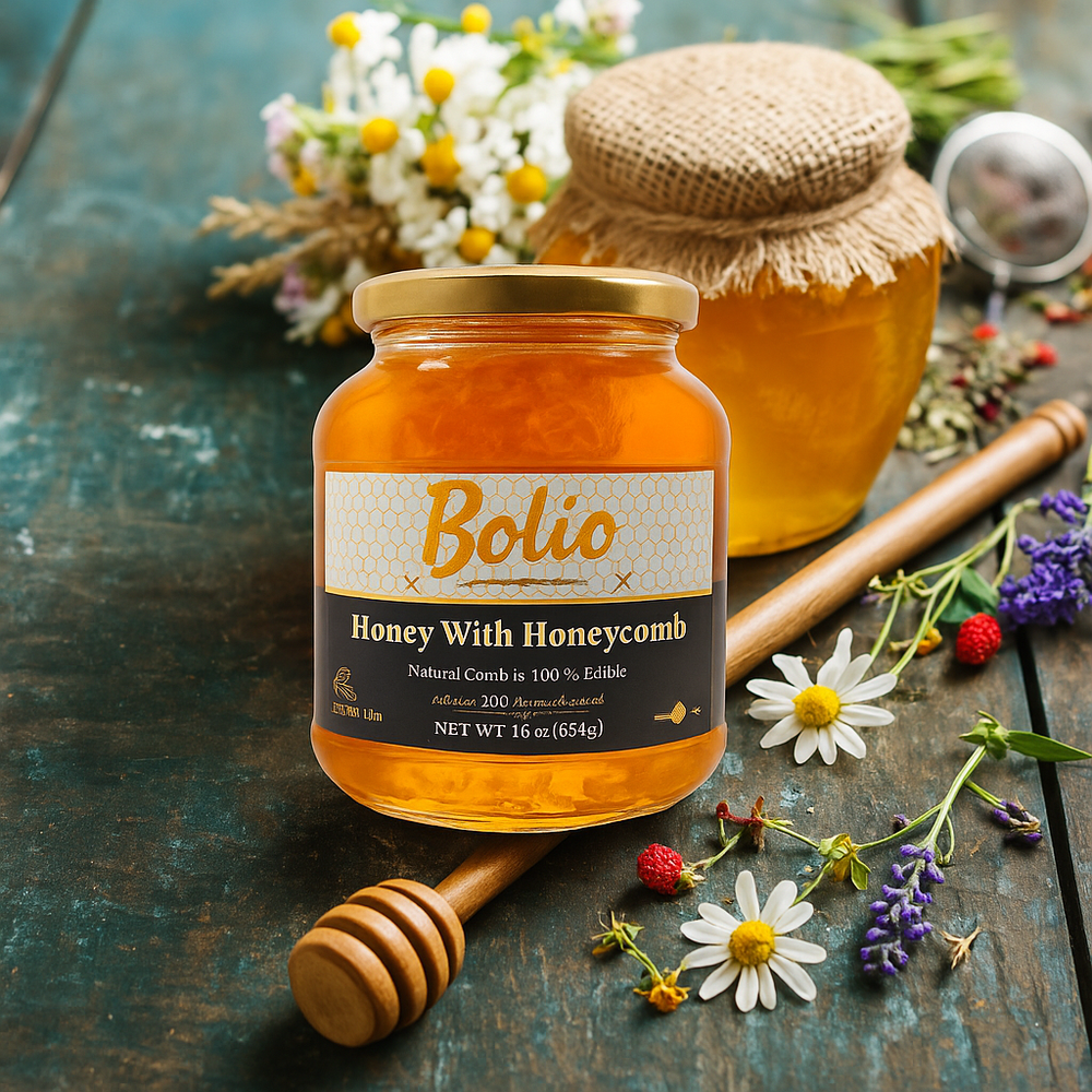 BOLIO HONEYCOMB IN HONEY in GLASS JAR 454 GR (16 OZ) - Authentic Turkish & Mediterranean Food | TG Gourmet