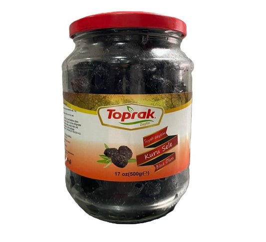 Toprak Kuru Sele Dry-Cured Black Olives 17.6 oz (500g) Glass Jar | TG Gourmet